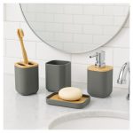 Kit para Baño x4 Dispenser de jabón Vaso Jabonera Porta Cepillo Plástico y Bambú - Image 8