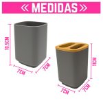 Kit para Baño x4 Dispenser de jabón Vaso Jabonera Porta Cepillo Plástico y Bambú - Image 3