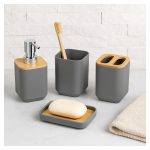 Kit para Baño x4 Dispenser de jabón Vaso Jabonera Porta Cepillo Plástico y Bambú