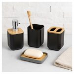 Kit para Baño x4 Dispenser de jabón Vaso Jabonera Porta Cepillo Plástico y Bambú - Image 6