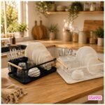 Escurridor Organizador De Platos Con Bandeja Recolectora Asa De Madera 1 Nivel