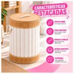 Cesto Organizador Redondo Plegable con Tapa de Bambú y Tela - Imagen 4