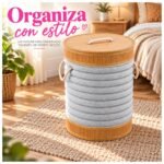 Cesto Organizador Redondo Plegable con Tapa de Bambú y Tela - Imagen 6