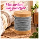 Cesto Organizador Redondo Plegable con Tapa de Bambú y Tela - Imagen 8