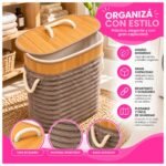 Cesto Organizador Ovalado Plegable con Tapa de Bambú y Tela - Imagen 4