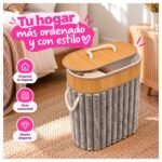 Cesto Organizador Ovalado Plegable con Tapa de Bambú y Tela - Imagen 6
