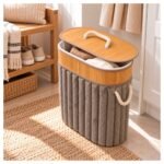 Cesto Organizador Ovalado Plegable con Tapa de Bambú y Tela - Imagen 8